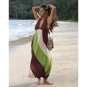 NWT Free People Give Me A Spin Midi Maxi Dress Linen Halter Brown Green Cream XS